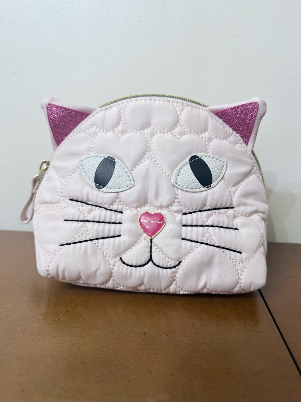 Betsey Johnson Quilted Hearts Pink Cat Make Up Accessory Bag